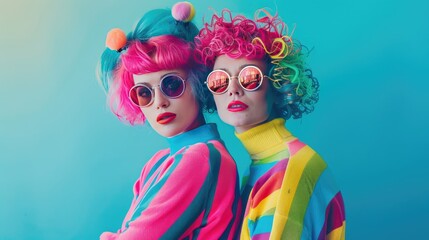 Fototapeta premium Two very colorful friends posing together in studio.
