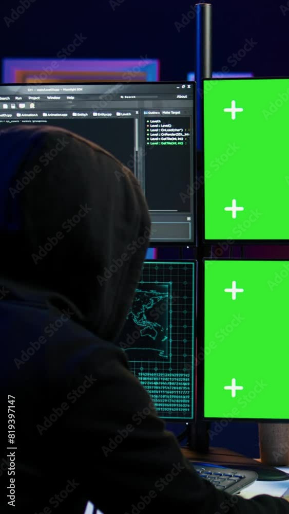 Poster vertical video dangerous man hacking using isolated screen pc, stealing credit card information and 