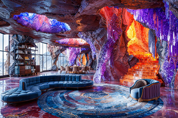 Geological crystal living room interior design, colorful glowing luxury fantasy architecture, mansion or palace