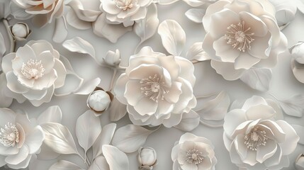Elegant white floral background with intricate, delicate flowers in full bloom, creating a soft and serene visual aesthetic for various designs.