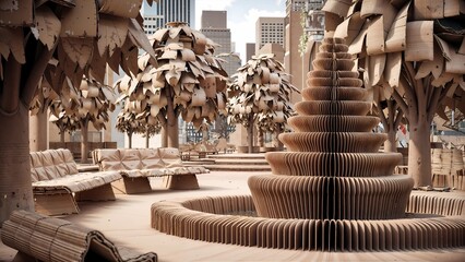 Fototapeta premium A cardboard city park, featuring paper trees, benches, and a fountain made from folded cardboard.