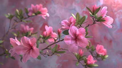 Close-up of beautiful pink azalea flowers in bloom, with delicate petals and green leaves against a soft, blurred background.