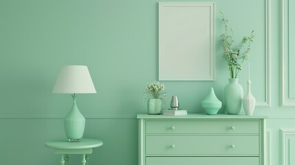 Modern mint colored living room interior featuring a light green chest of drawers, vases, a lamp, and a blank canvas poster for advertisement.