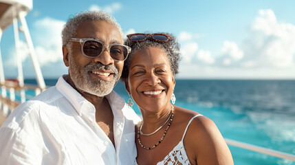 Happy African American Senior Couple Portrait On The Deck of Their Luxury Cruise Ship. Generative AI.