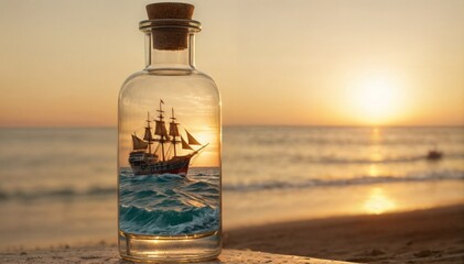 A ship is painted inside a bottle, which is placed on a beach during sunset. - 1