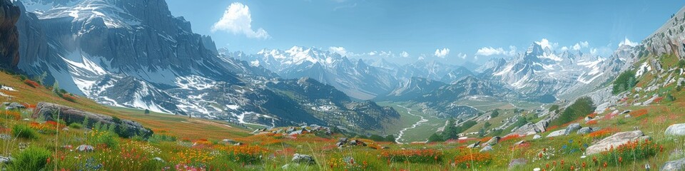 Obraz premium Panoramic view of serene valley with colorful wildflowers, towering snow-capped mountains and clear blue skies in the scenic alpine landscape