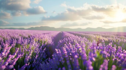 Naklejka premium A breathtaking lavender field in full bloom under a picturesque sunset sky, with distant mountains in the background and fluffy clouds.