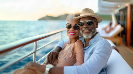 Happy African American Senior Couple Portrait On The Relaxing Deck of Their Luxury Cruise Ship. Generative AI.