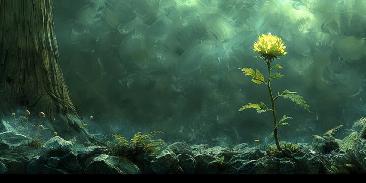 Stunning digital art of a single yellow flower thriving in a dark, mystic environment beside a tree illustrates nature's resilience.