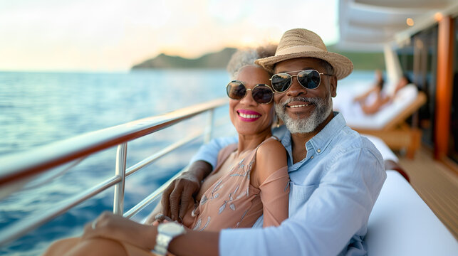 Happy African American Senior Couple Portrait On The Relaxing Deck of Their Luxury Cruise Ship. Generative AI.