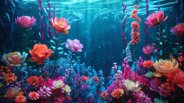 Vibrant underwater garden showcasing colorful flowers and plants submerged in clear water, creating a mesmerizing and ethereal scene.