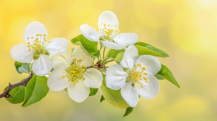 Close-up of delicate white flowers in full bloom on a tree branch against a soft yellow bokeh background, symbolizing spring and new beginnings.