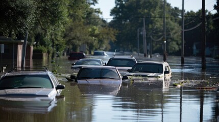 Vehicles submerged in floodwaters.