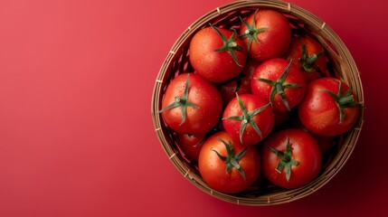 Basket filled with organic tomatoes, top view, isolated background, studio lighting emphasizing their vibrant color and fresh appeal