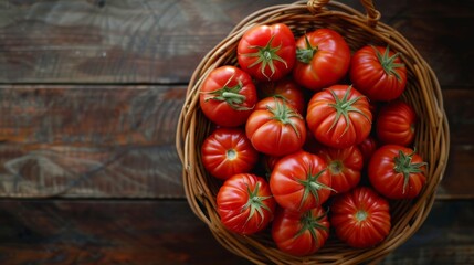 Basket full of ripe organic tomatoes, seen from above, isolated background, studio lighting capturing their rich red hues and natural details