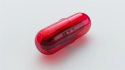 Close-up 3D render of a red pill capsule on a white background, isolated with precise studio lighting, designed for impactful advertising