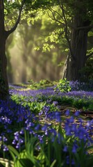 Obraz premium Serene forest path with vibrant bluebell flowers, sunlit leaves, and lush greenery, creating a peaceful and enchanting nature scene.