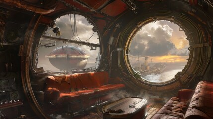 Fototapeta premium View from inside an airship, steampunk style