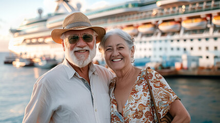 Obraz premium Happy Senior Couple Portrait In Front of Their Luxury Cruise Ship. Generative AI.