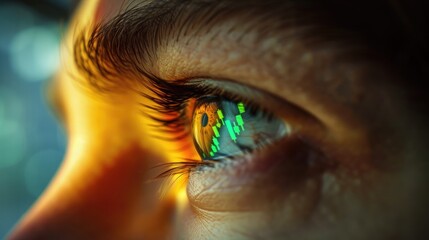 Close up of businesswoman eye with financial graph reflecting in eye. Attractive woman looking financial and marketing data with stock market chart or increasing sales graph reflect in the eye. AIG42.