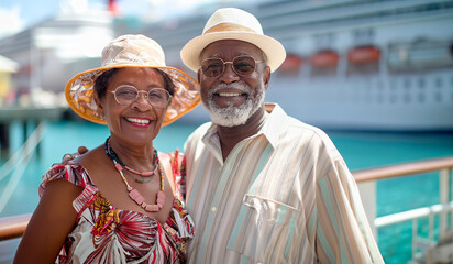 Obraz premium Happy African American Senior Couple Portrait In Front of Their Luxury Cruise Ship. Generative AI.