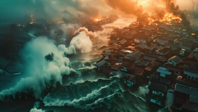 A concept of disaster, a global flood, and a large tsunami 