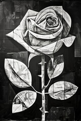 illustration of a white rose on black background, large petals and long stem, graffiti style, monochrome, illustration // ai-generated 