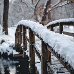Close-up of an old wooden bridge covered in snow, crossing a serene river, winter landscape with snowflakes gently falling