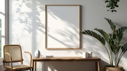 A home room interior wall poster frame, displayed on a wood table and chair in a frame mockup