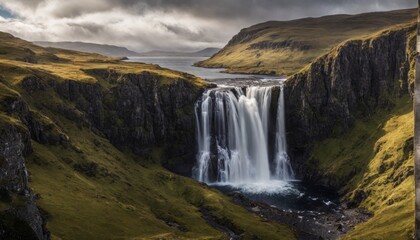 cinematisch aussehende landschaft mit traumhaften wasserfall, island, irland schottland