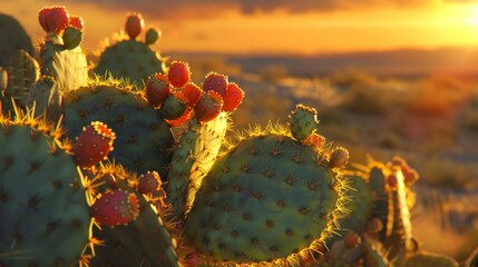 Detailed view of a prickly pear cactus and its green fruit at sunset, the warm desert light creating a stunning contrast with the spines and fruit