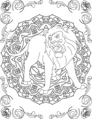 Fototapeta na wymiar Lion on Mandala Coloring Page. Printable Coloring Worksheet for Adults and Kids. Educational Resources for School and Preschool. Mandala Coloring for Adults