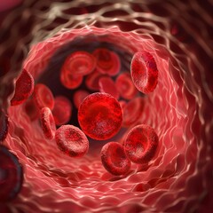 Fototapeta premium Close-up view of red blood cells flowing through a vein, intricate details of cell structure, vibrant red hues against the dark vessel background