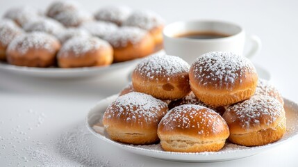 Delicious powdered sugar buns and coffee cup in a breakfast setup, isolated white background with studio lighting, ideal for advertising visuals