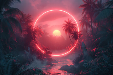 Fototapeta premium A neon circle is surrounded by palm trees and a body of water. The colors are bright and vibrant, creating a tropical and exotic atmosphere