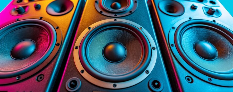 Close-up of vibrant colored large speakers, showcasing audio technology and modern sound design with a focus on speaker details.