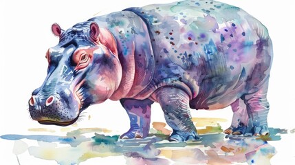 Watercolor hippo illustration white background.