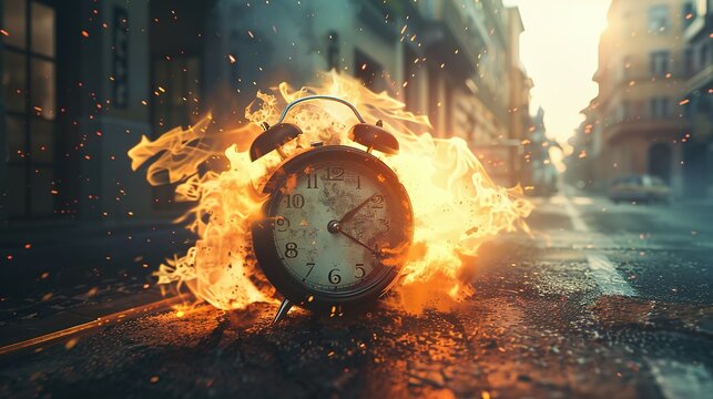 Chasing time, an alarm clock ablaze, exploding rush hour, deadline pressure, urgency.