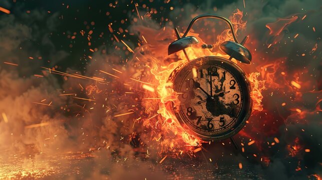 Chasing time, an alarm clock ablaze, exploding rush hour, deadline pressure, urgency.