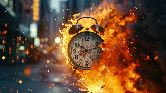 Chasing time, an alarm clock ablaze, exploding rush hour, deadline pressure, urgency.