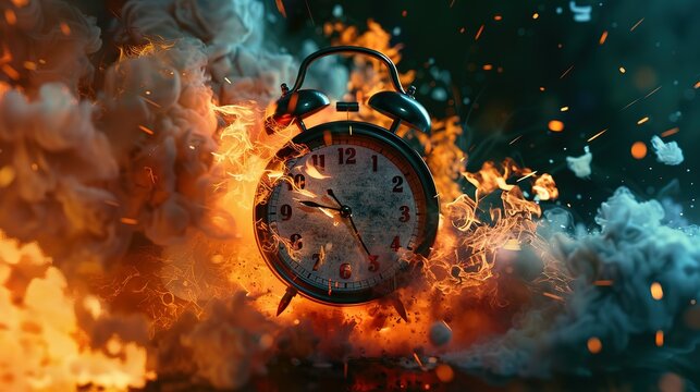 Chasing time, an alarm clock ablaze, exploding rush hour, deadline pressure, urgency.