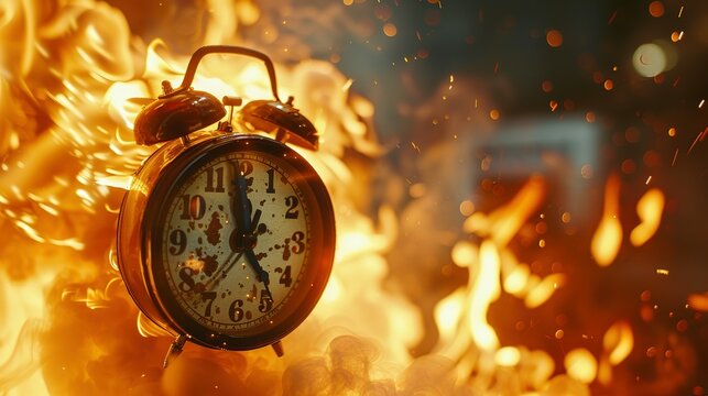 Chasing time, an alarm clock ablaze, exploding rush hour, deadline pressure, urgency.
