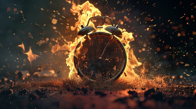 Chasing time, an alarm clock ablaze, exploding rush hour, deadline pressure, urgency.