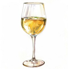Watercolor illustration of a glass of wine isolated on white background. Digital art of a white wine in a goblet