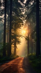 A serene forest road at sunrise with tall trees and a misty atmosphere, perfect for a peaceful hike.
