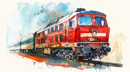 Watercolor illustration of a red train seen from diagonally in front