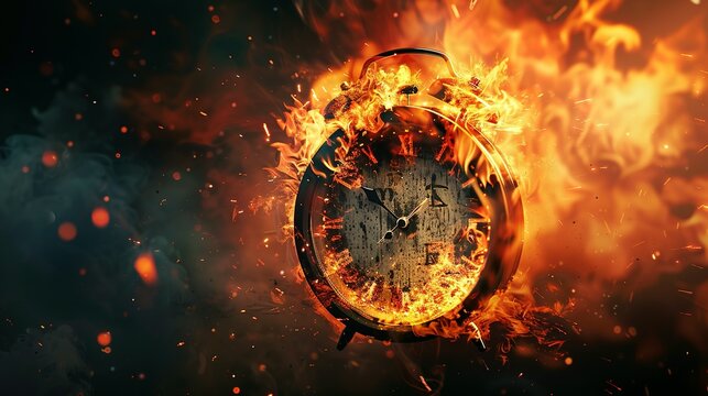 Chasing time, an alarm clock ablaze, exploding rush hour, deadline pressure, urgency.