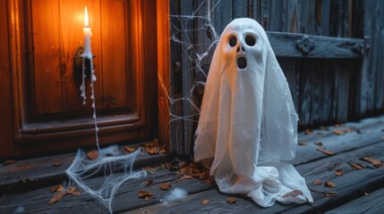 Spooky Halloween Decoration with Ghost Costume and Jack-O-Lantern Candle by Wooden Door and Cobwebs - Perfect for Haunted House Settings