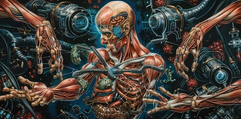Fototapeta premium Artistic depiction of the human anatomy intertwined with technological elements symbolizing advancements in medical research