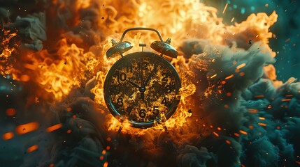 Chasing time, an alarm clock ablaze, exploding rush hour, deadline pressure, urgency.